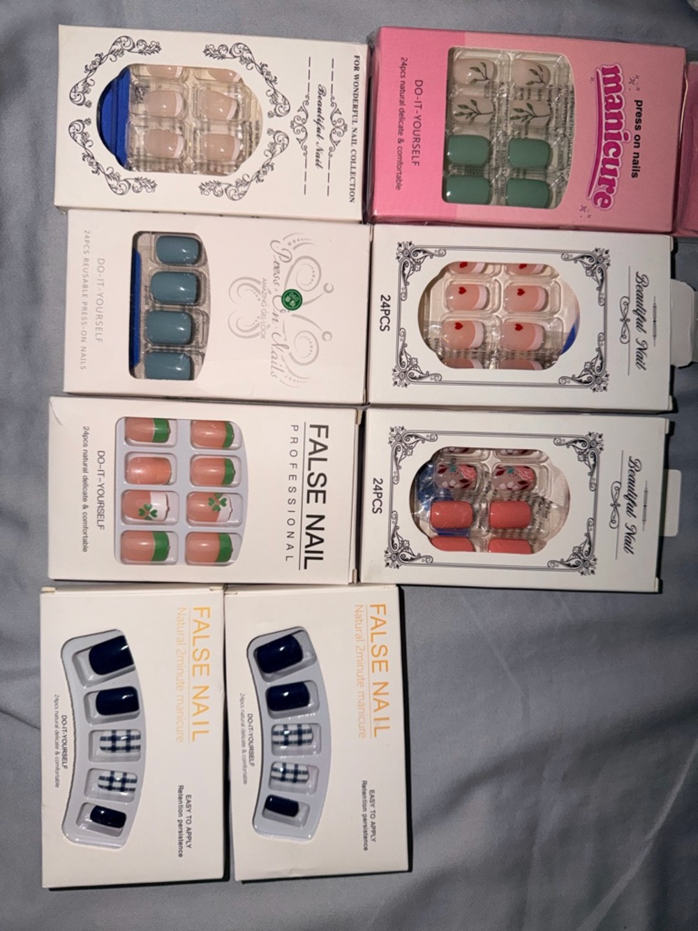 8 Assorted False Nail Press-On Set - Blue, Green, Pink, Coral, Navy